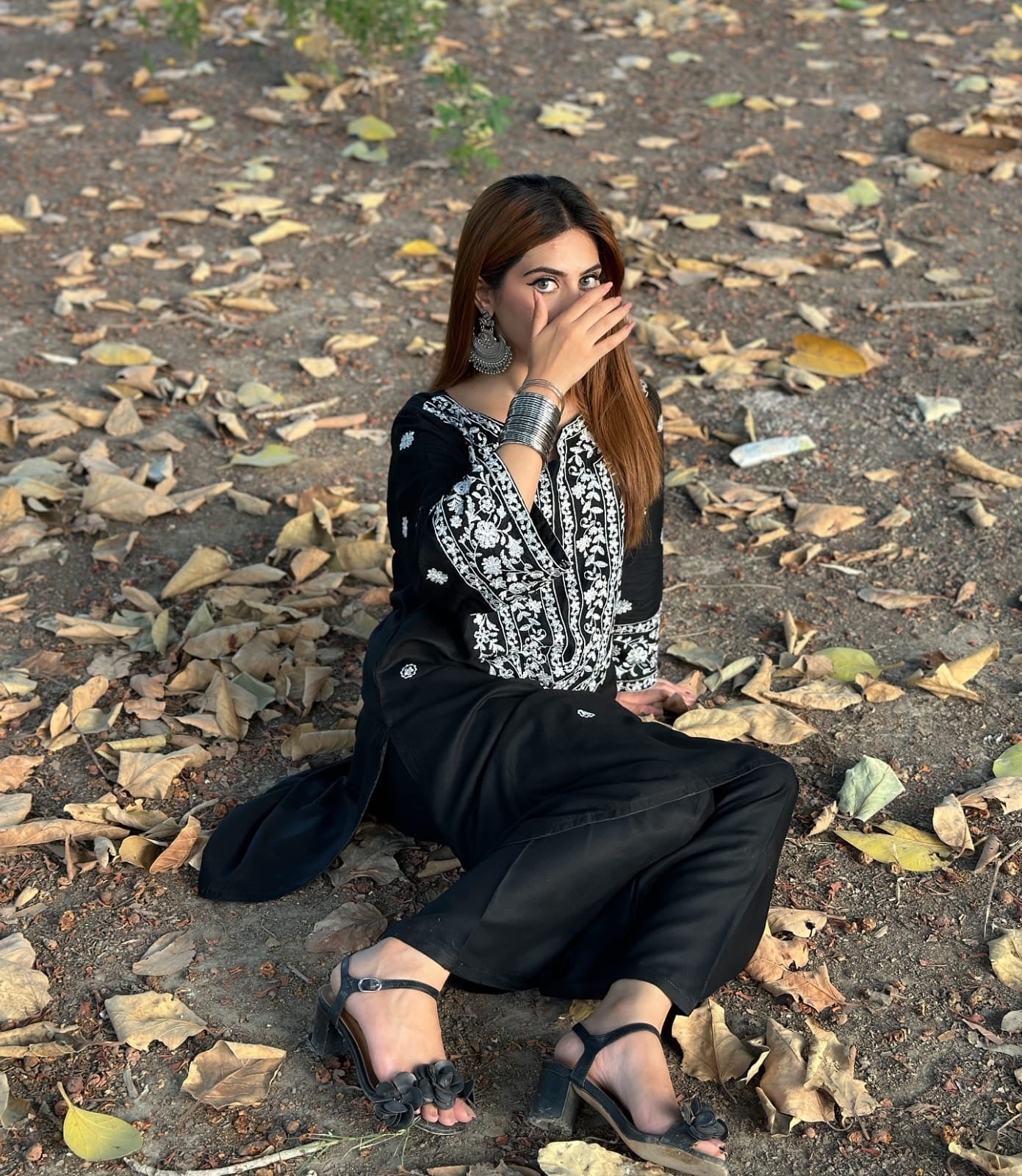 Erina Embroidered 2pc black sitting pose