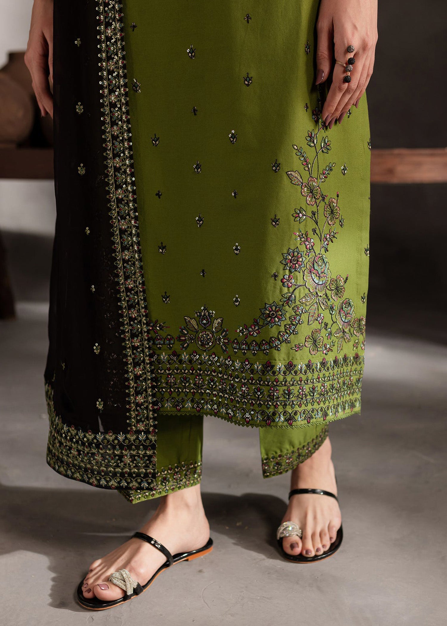 Ezzah embroidered hem and trouser detail