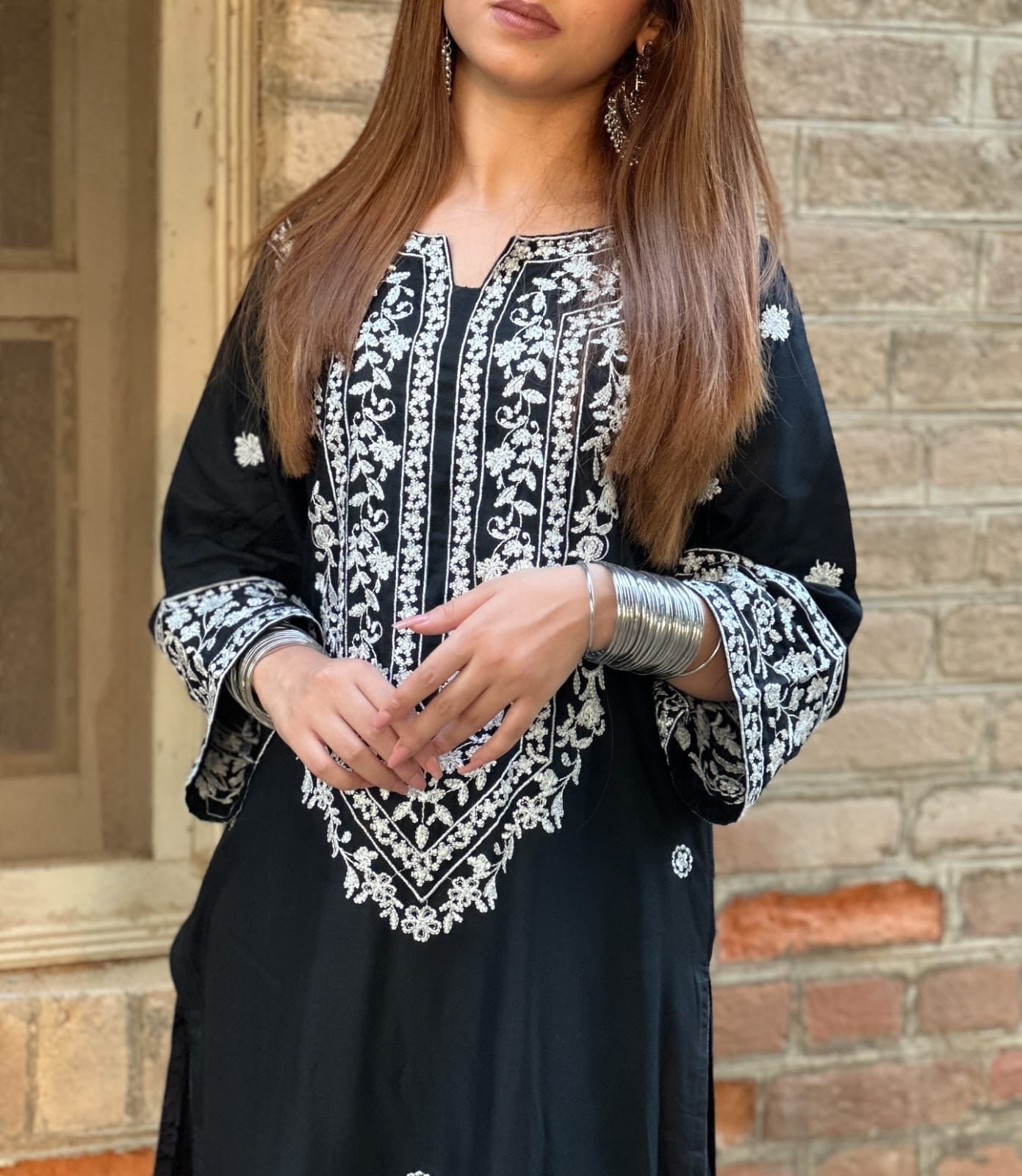 Erina Embroidered 2pc black shirt detail