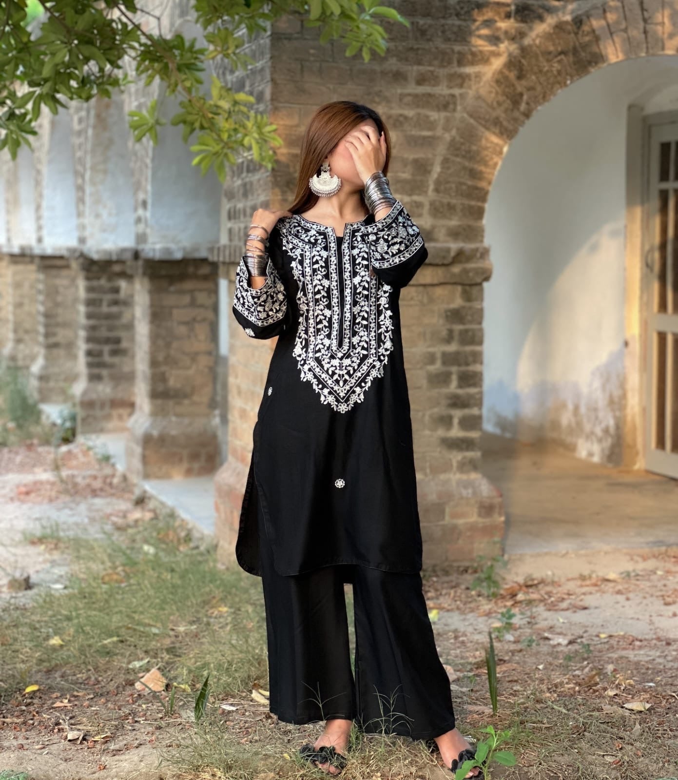 Erina Embroidered 2pc black full front view