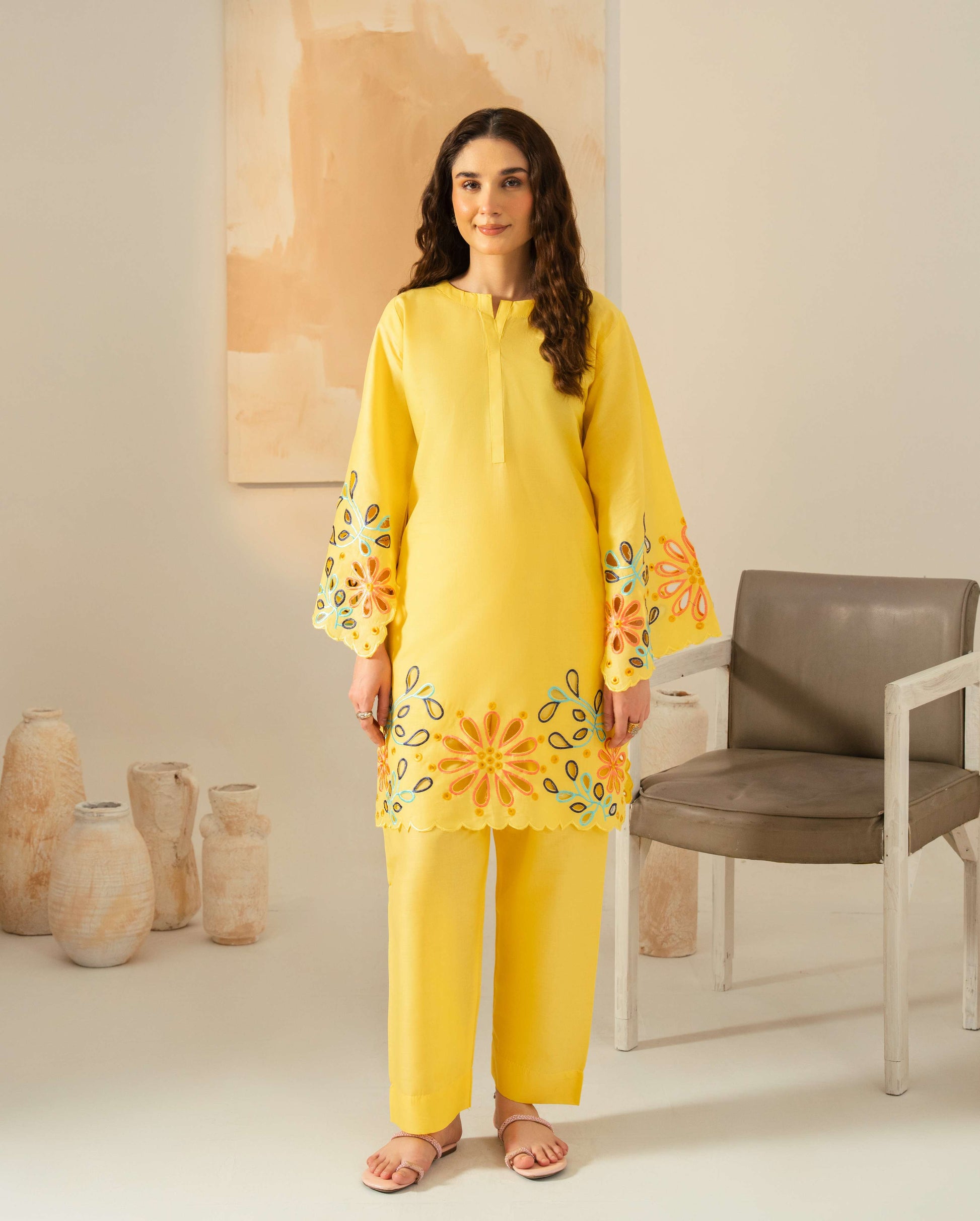 Grace Yellow 2PC linen co-ord set full front view- glamester