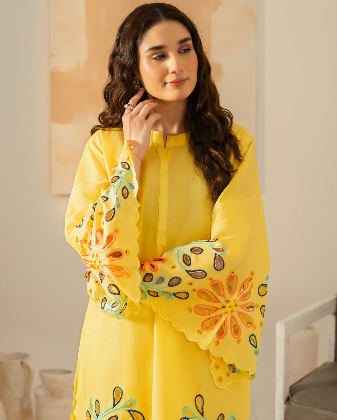 Grace Yellow 2PC linen co-ord set full front view- glamester