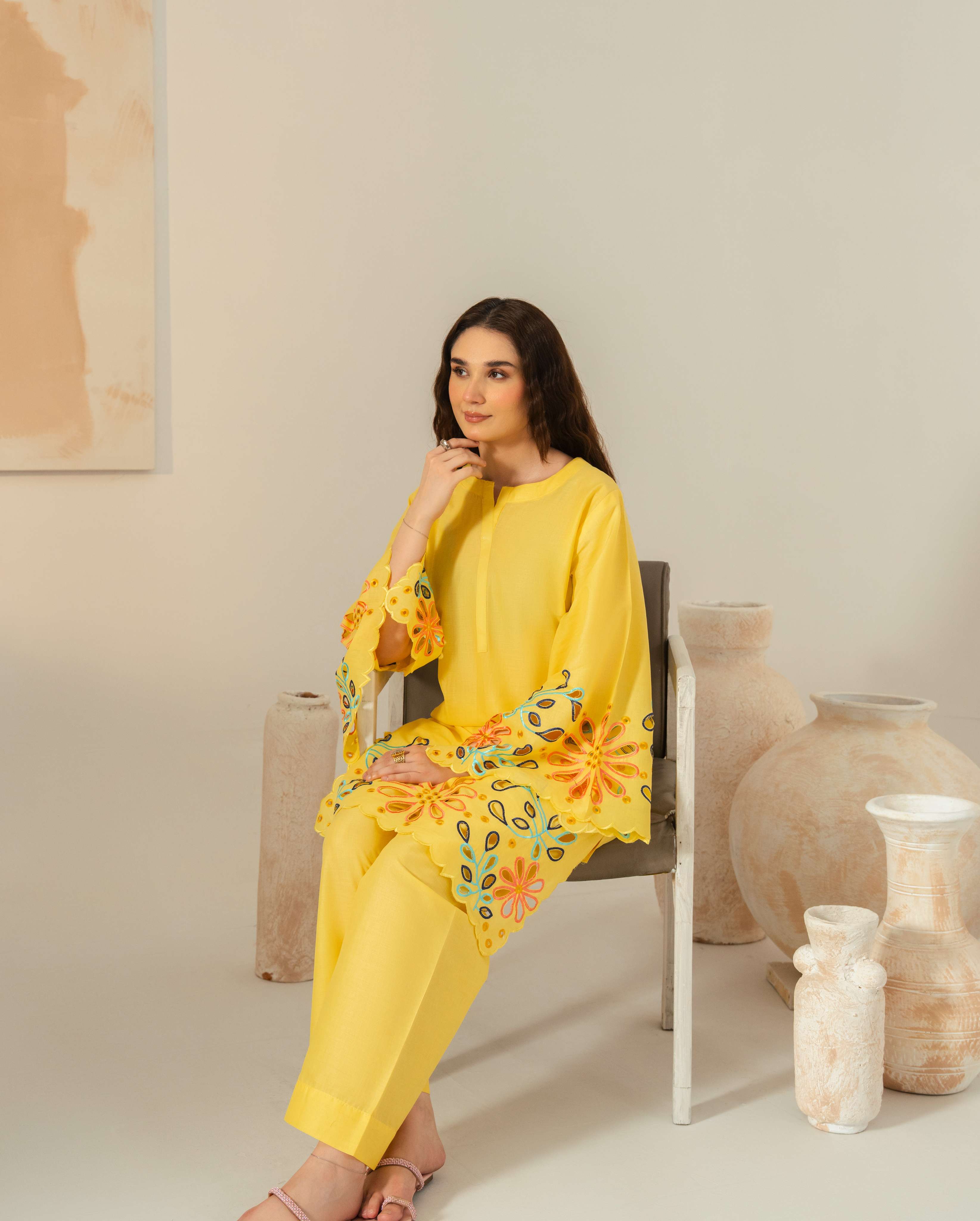 Grace Yellow 2PC lifestyle sitting pose