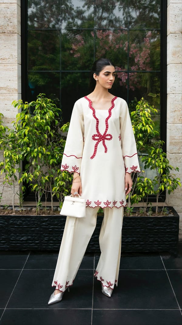 "Red and White Embroidered Kurta Set" MWF COLLECTION