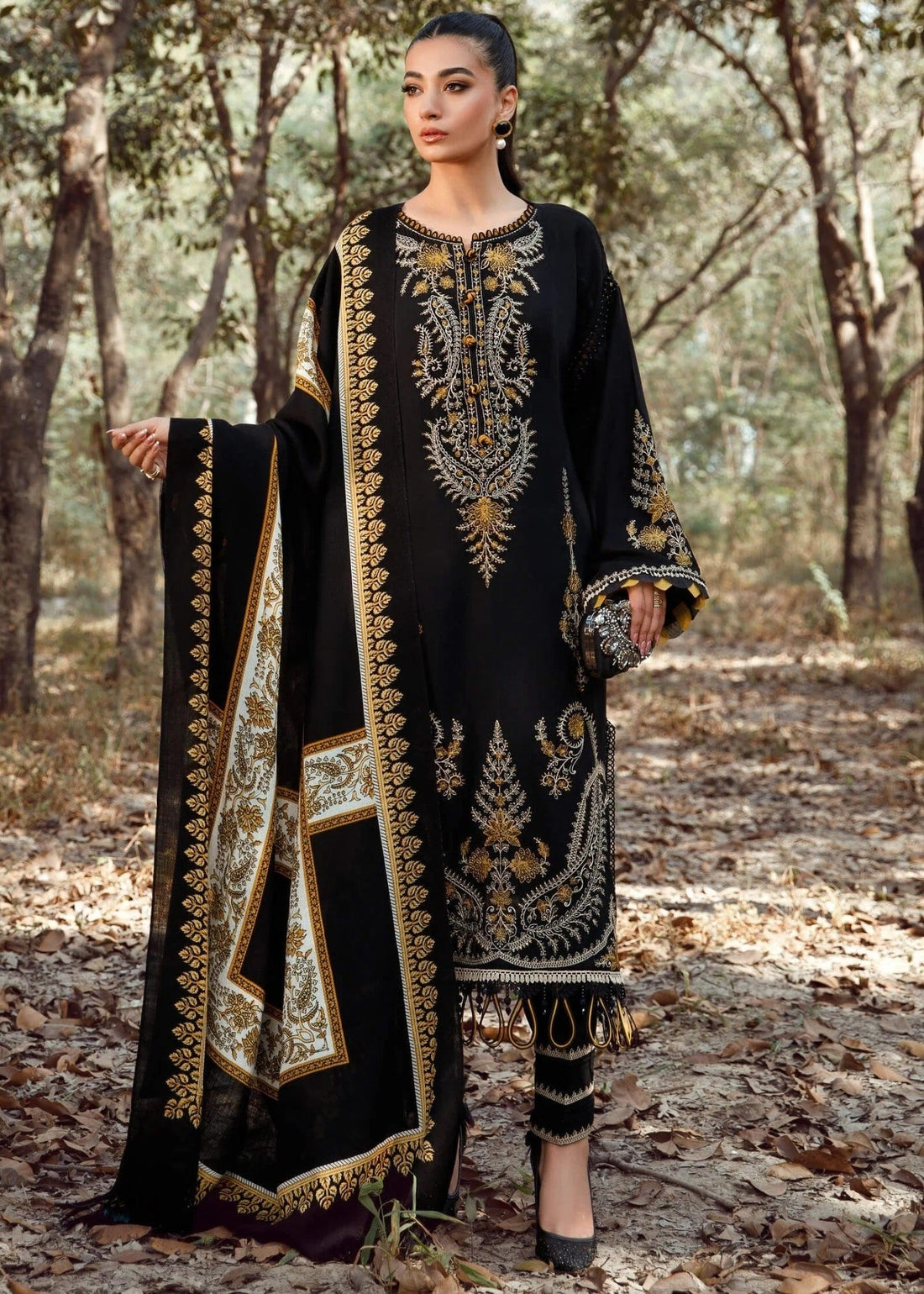 Zen Embroidered 3PC black khaddar suit full front view