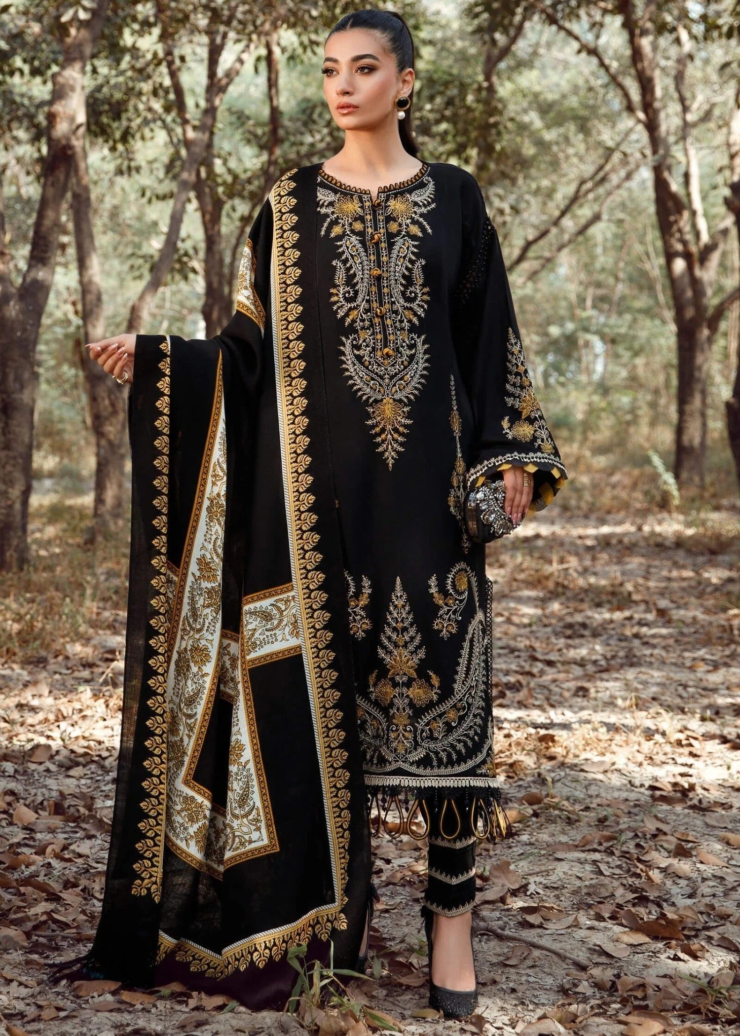 Zen Embroidered 3PC black khaddar suit full front view
