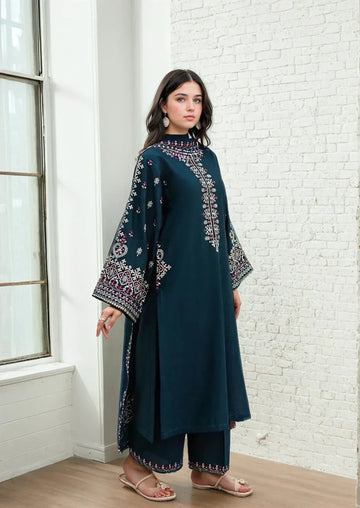 Aadab Embroidered 3pcs teal full front view
