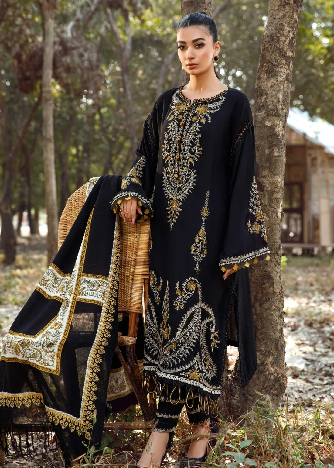 Zen Embroidered 3PC black khaddar suit full front view
