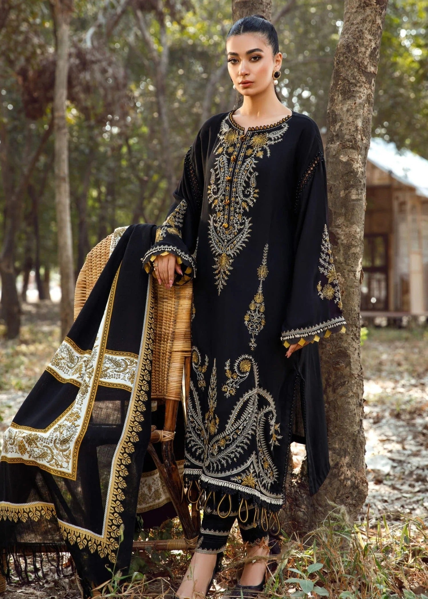 Zen Embroidered 3PC black suit full length with dupatta