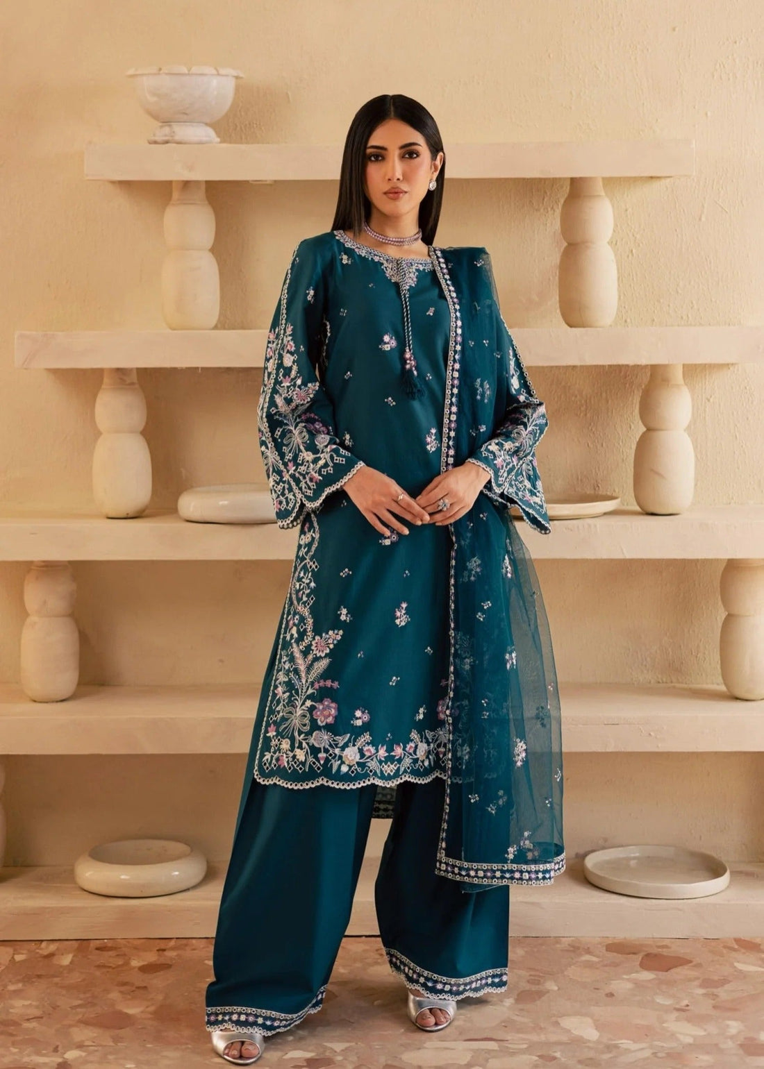 Esha Embroidered 3PC linen suit full front view (Zinc)