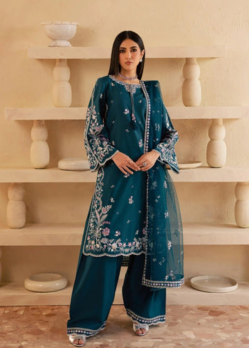 Esha Embroidered 3PC linen suit full front view (Zinc)