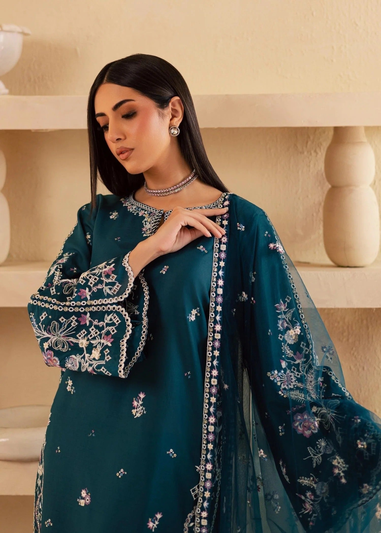 Esha Embroidered 3PC neckline & sleeve embroidery close-up