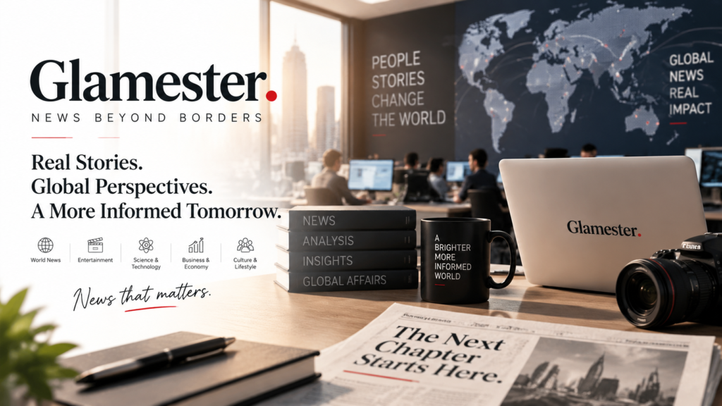 Glamester global news platform newsroom featuring journalists, world news coverage and editorial workspace