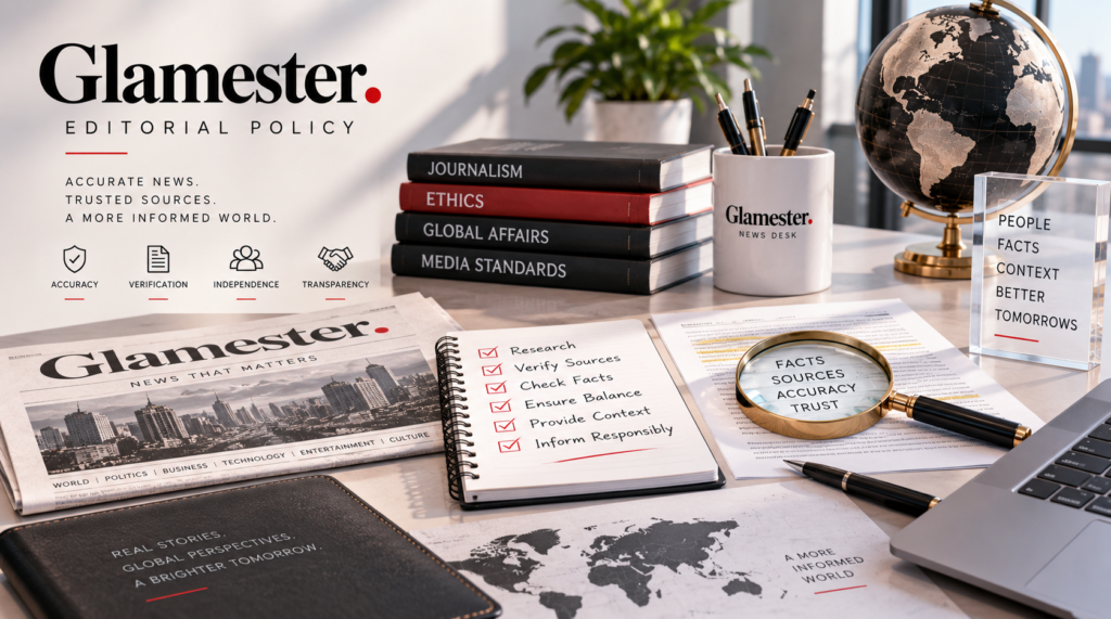 Glamester Editorial Policy newsroom workspace showing news verification and reporting standards