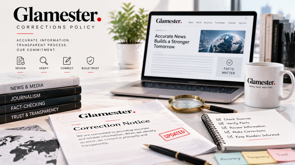 Glamester corrections policy workspace showing news accuracy, verification and transparent reporting process