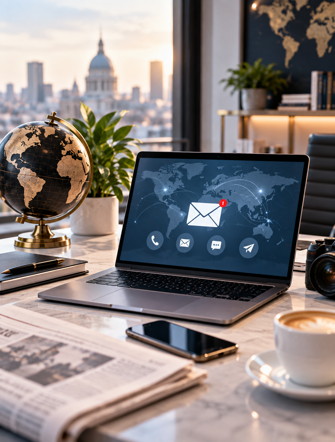 Glamester contact page workspace with laptop, email communication and global news office