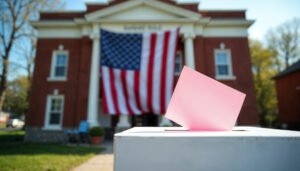 US postal ballot voting box outside a government building representing election rules and voting rights debate