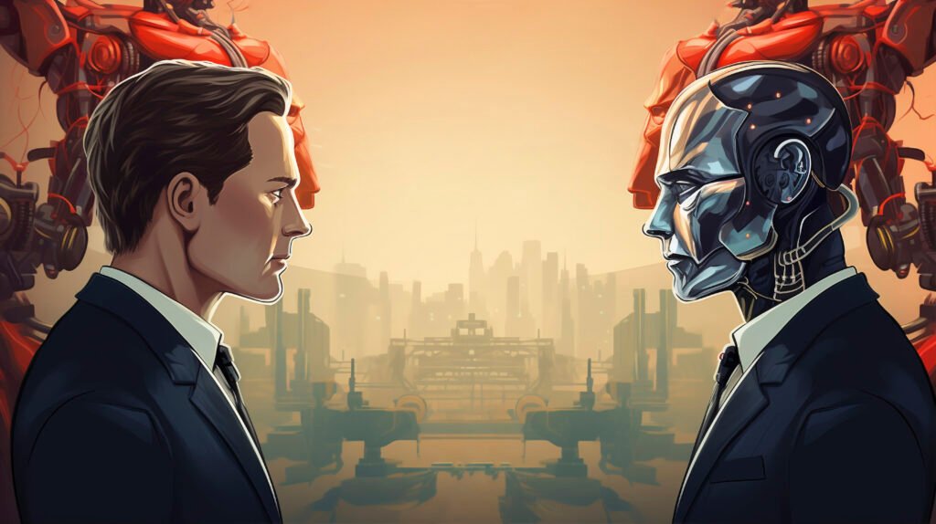 UK AI standards and Russian disinformation represented by a human and artificial intelligence figure