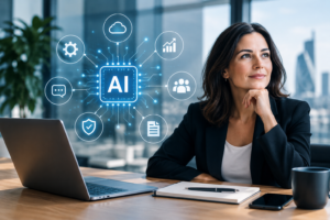AI for businesses: artificial intelligence, business automation, and productivity in a modern office.