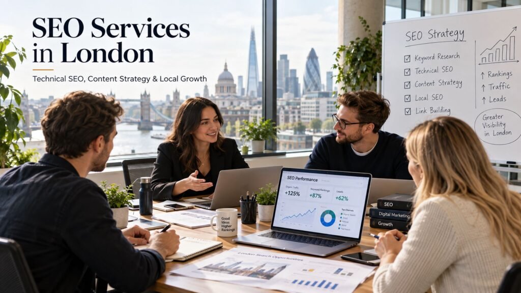 SEO services in London team planning technical SEO, keyword research, content strategy and local search growth