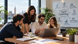 Digital marketing team in London planning SEO, PPC, social media, content and analytics strategies in a modern office.