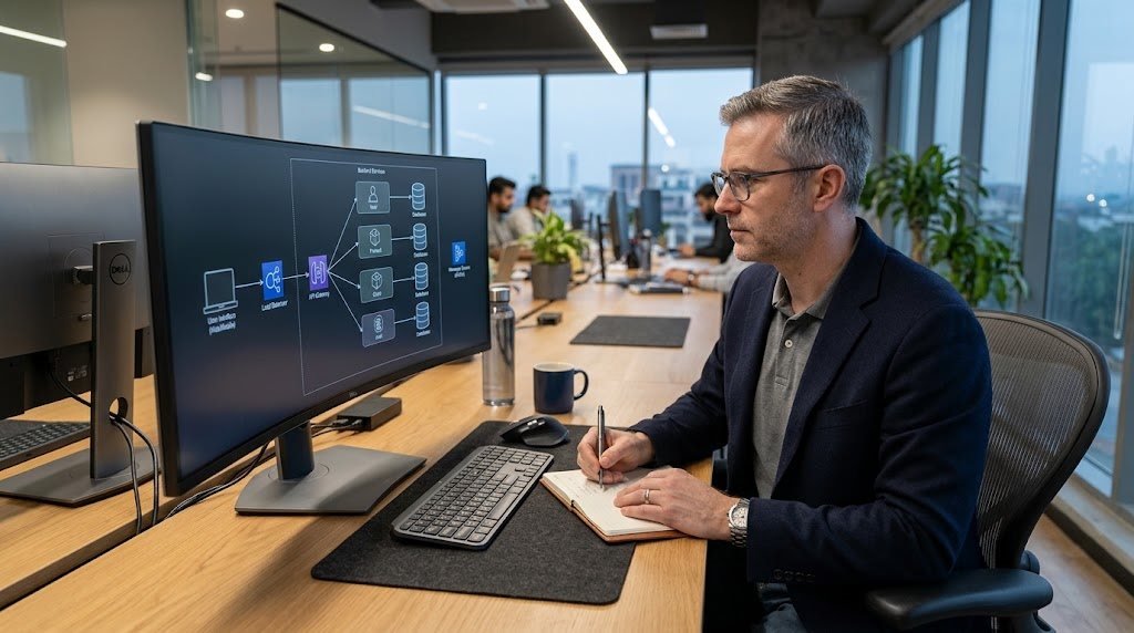 Software development team working on application design and programming in a modern office.