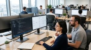 Software development team working on application design and programming in a modern office.