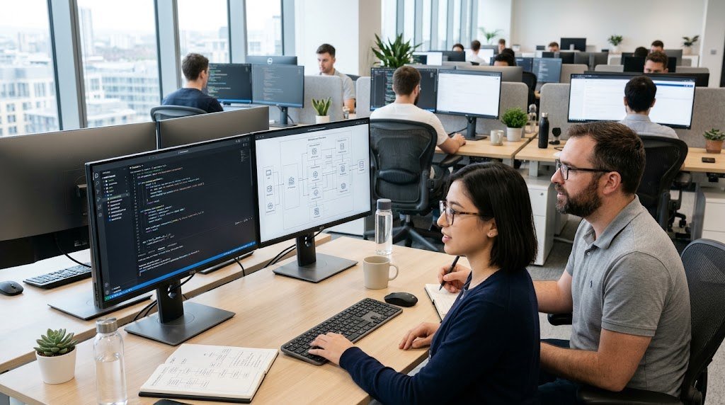 Software development team working on application design and programming in a modern office.