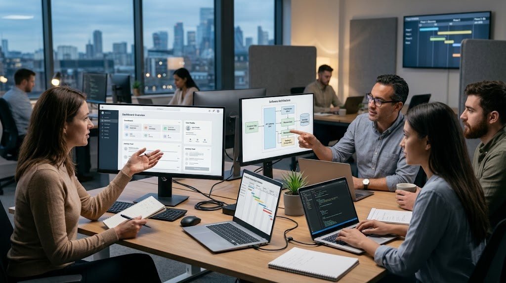 Software development team planning project requirements and application design.