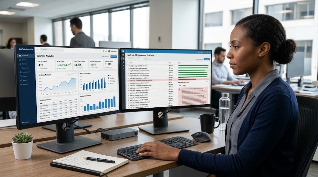 Software quality assurance engineer testing business application functionality and reviewing automated results.