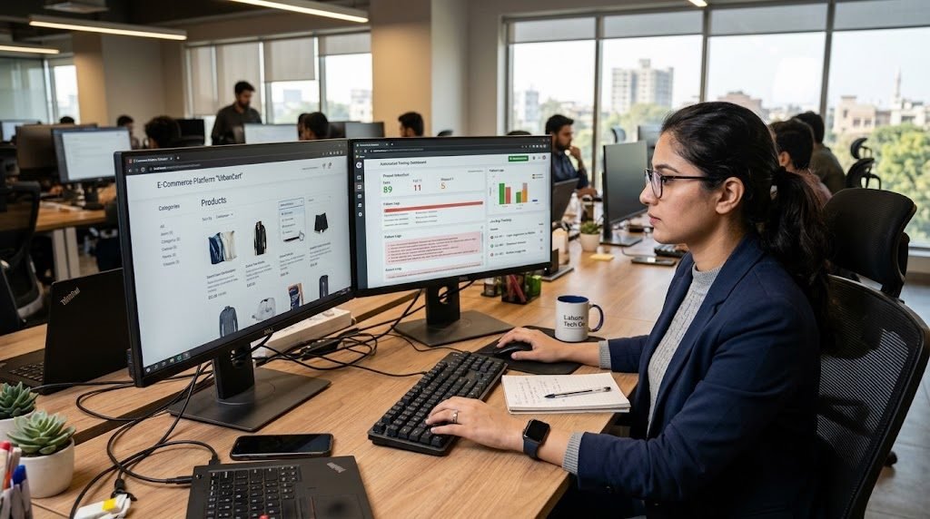 Software testing engineer checking application functionality and automated test results.